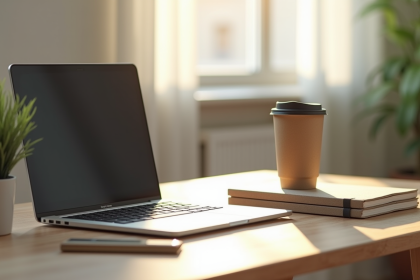 Bureau moderne avec ordinateur et plantes pour un espace de travail écologique