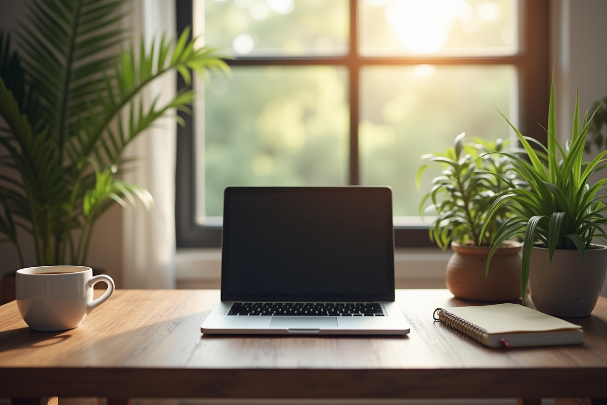 Bureau moderne avec ordinateur et plantes pour l article