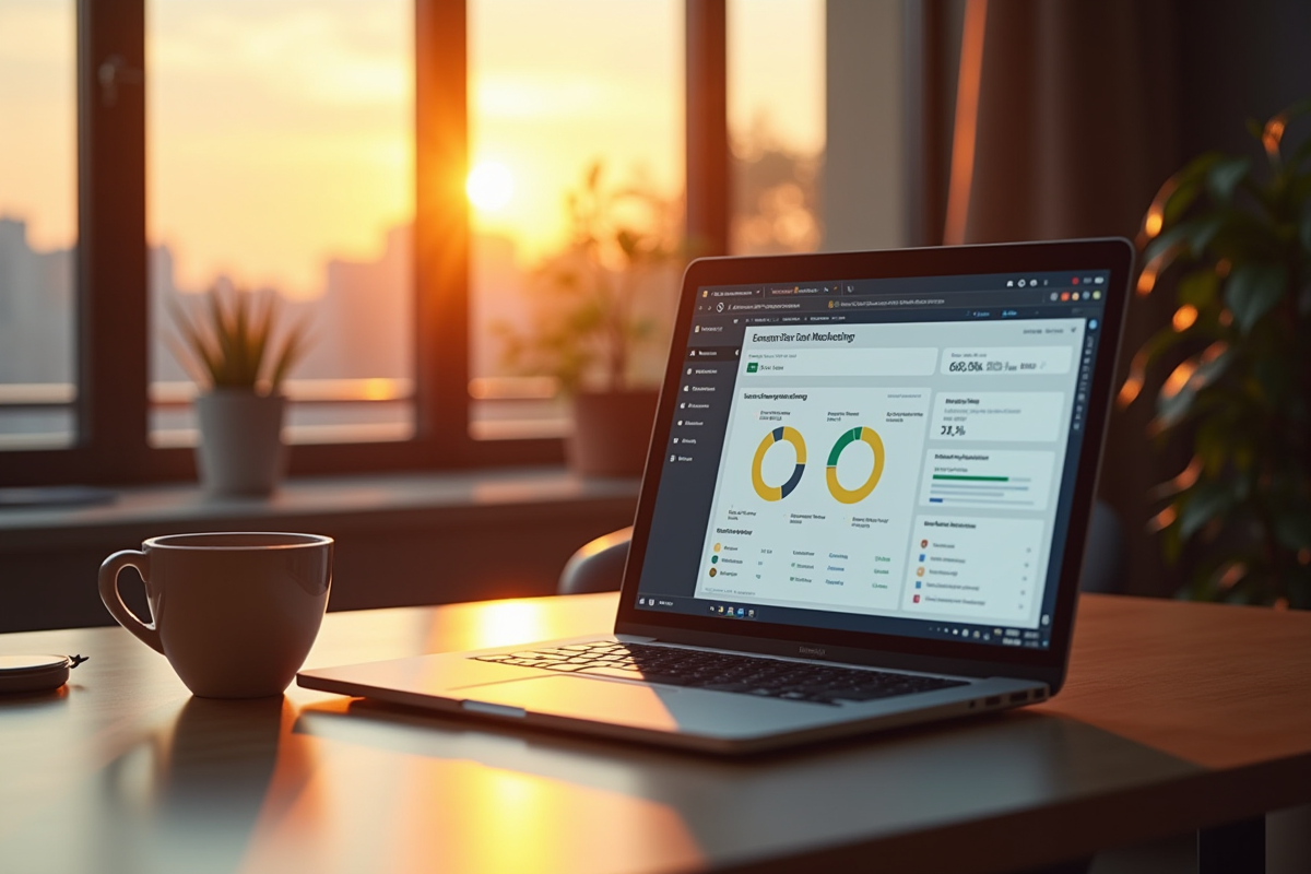Espace de travail moderne au lever du soleil avec un ordinateur et café