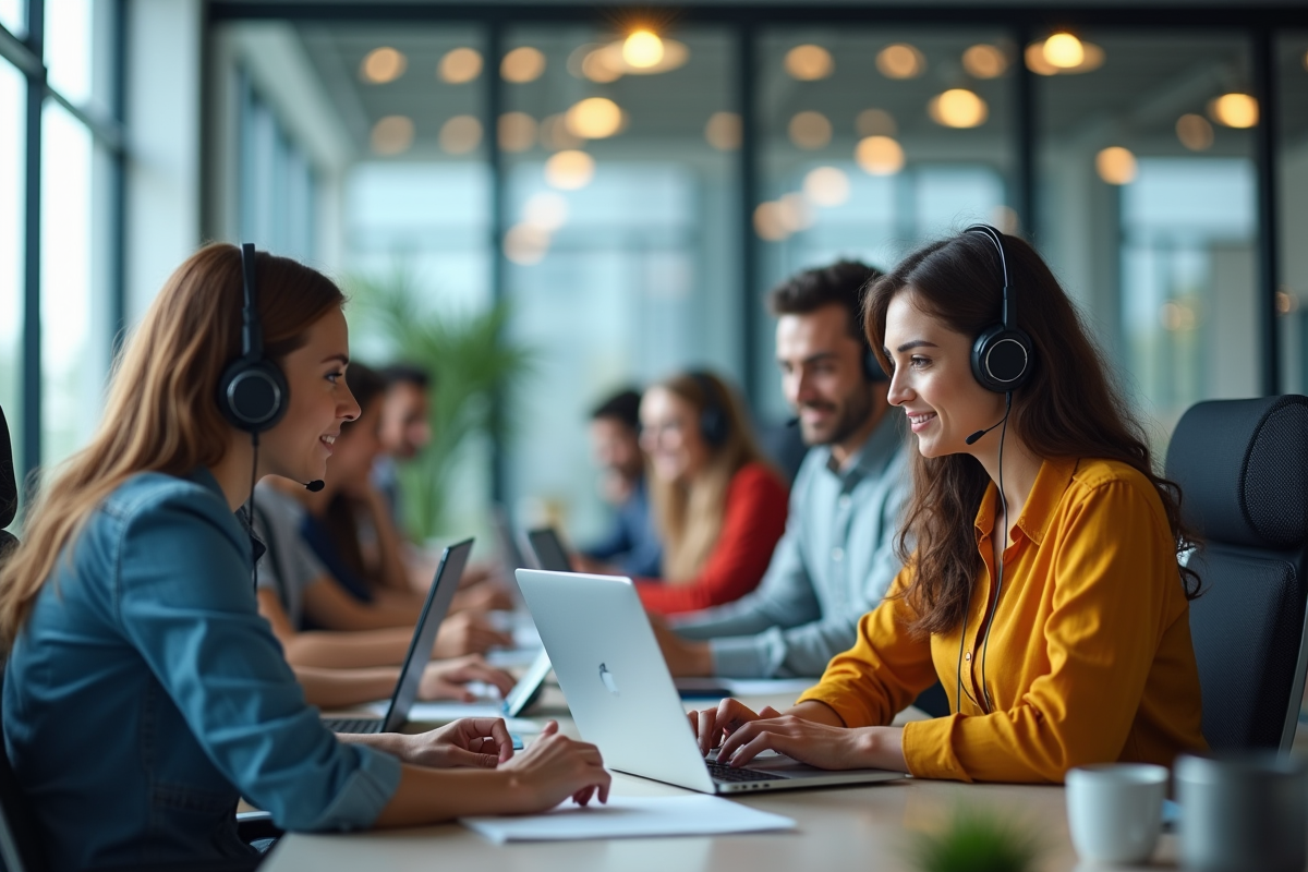 Bureau moderne avec equipe diverse travaillant à distance