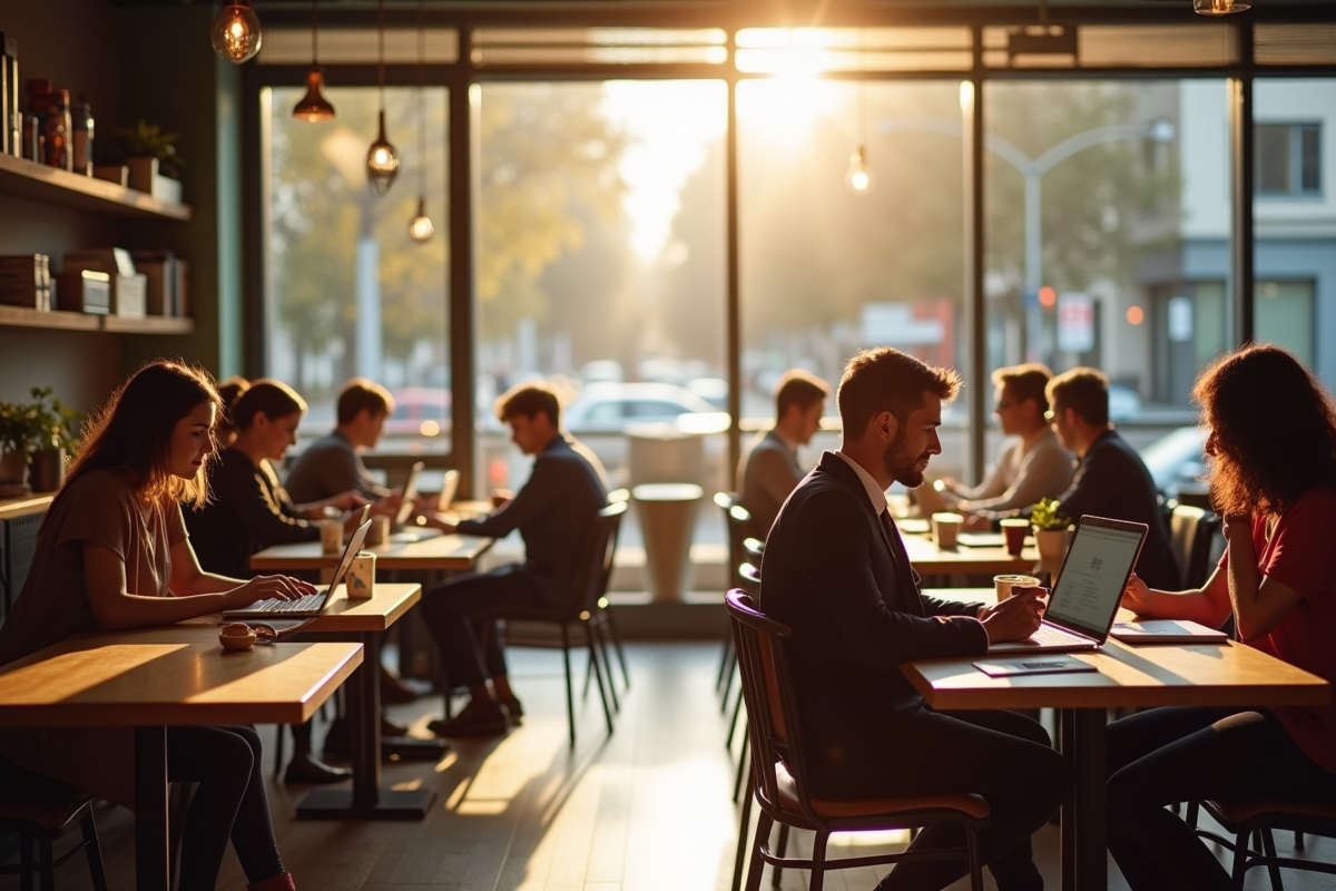 Café animé avec personnes travaillant sur leurs ordinateurs