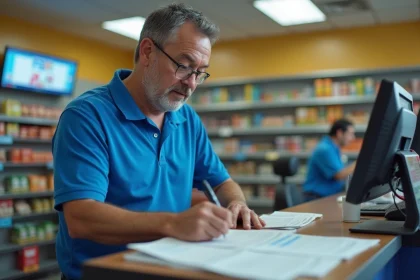 Caissier en uniforme v&eacute;rifiant une checklist dans une boutique de loterie
