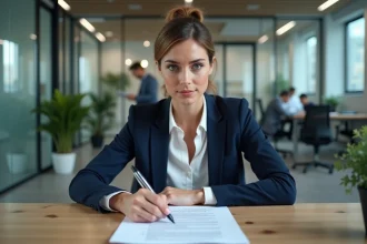 Femme professionnelle en blazer marine analysant un contrat de travail pour calculer son préavis de démission