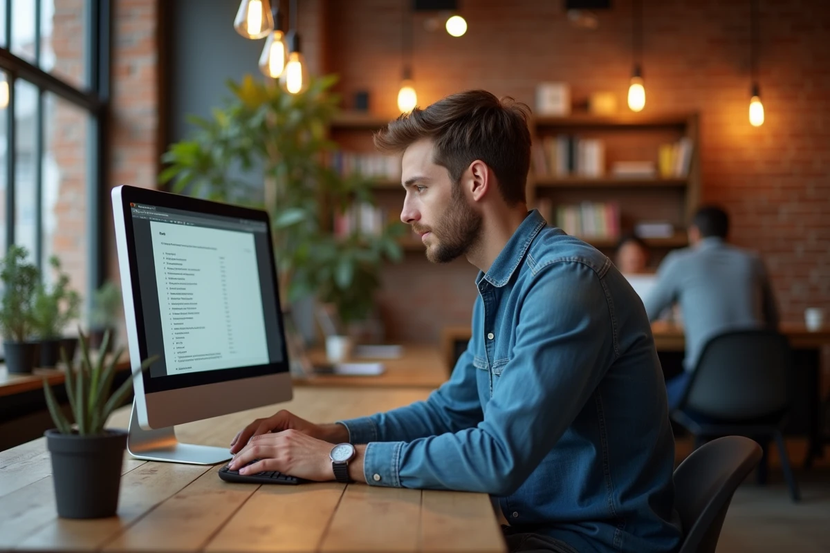 Candidat complétant un test de personnalité en ligne dans un espace de coworking lors d'un processus de recrutement