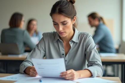 Candidate en entretien de recrutement remplissant un test de personnalité au bureau