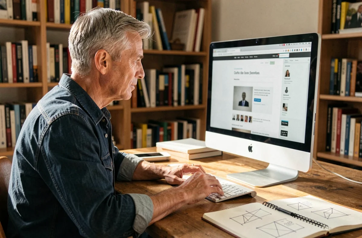 Cédric Chevillard, designer web freelance, travaillant sur un iMac dans un studio à domicile avec des croquis de wireframes ouverts