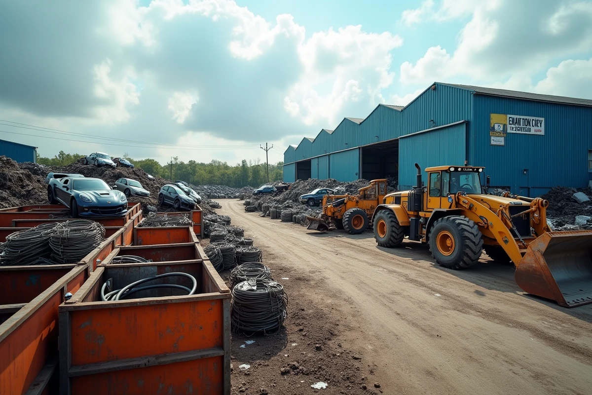 Centre de recyclage ferraille Derichebourg avec tri des métaux ferreux et non-ferreux vue grand angle
