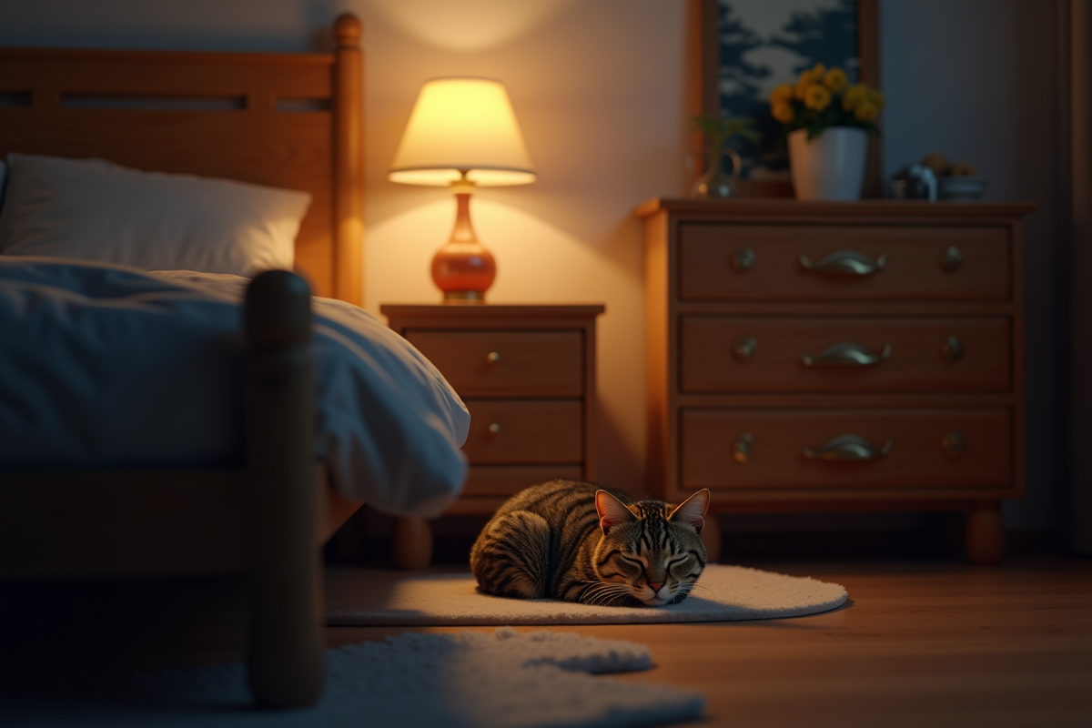 Chambre chaleureuse la nuit avec chat endormi et litière discrète
