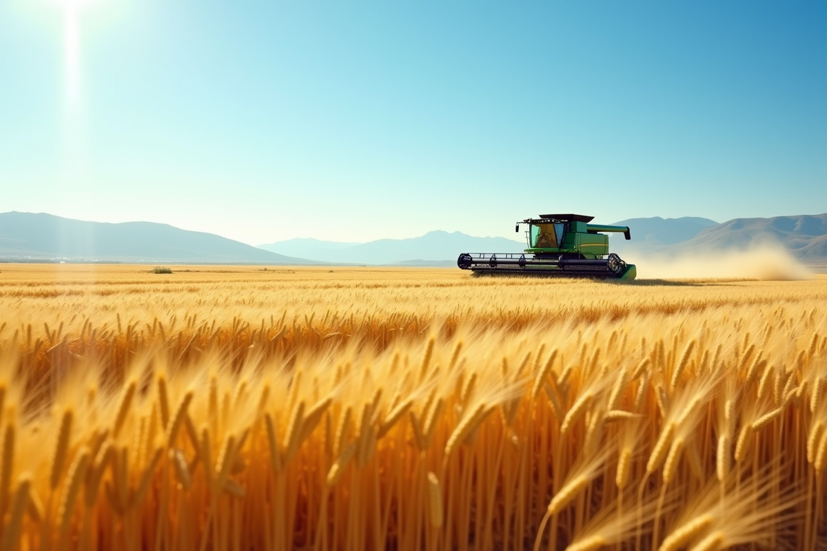 Champ de blé doré sous un ciel bleu avec un tracteur moderne