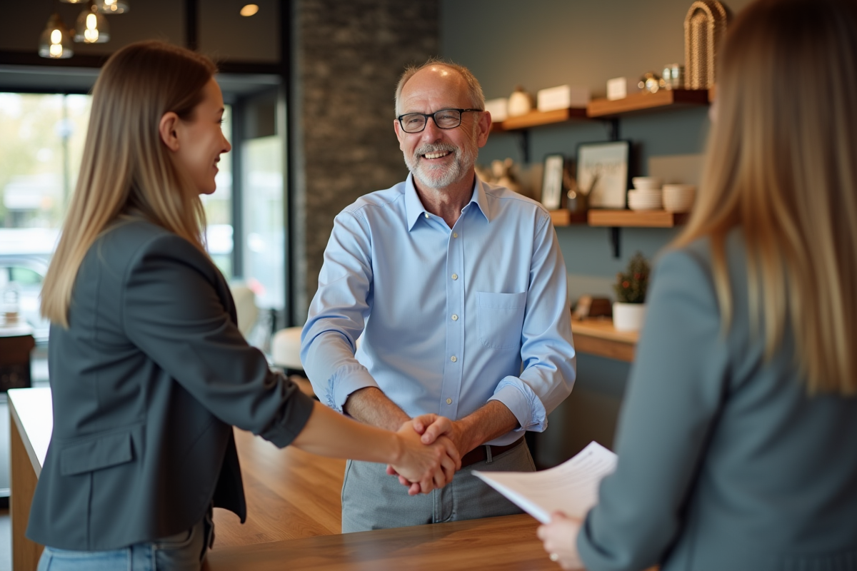 Homme et femme se serrant la main dans une boutique