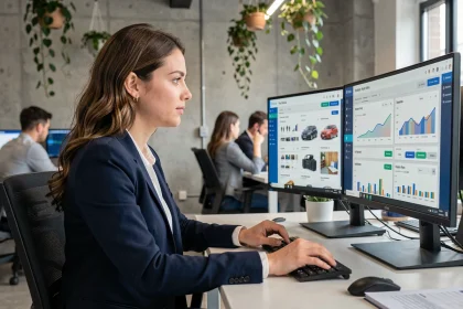 Chargée d'étude en e-commerce analysant des données marketing sur ordinateur dans un open space moderne