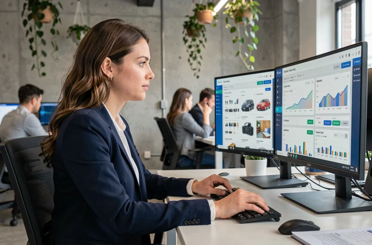 Chargée d'étude en e-commerce analysant des données marketing sur ordinateur dans un open space moderne