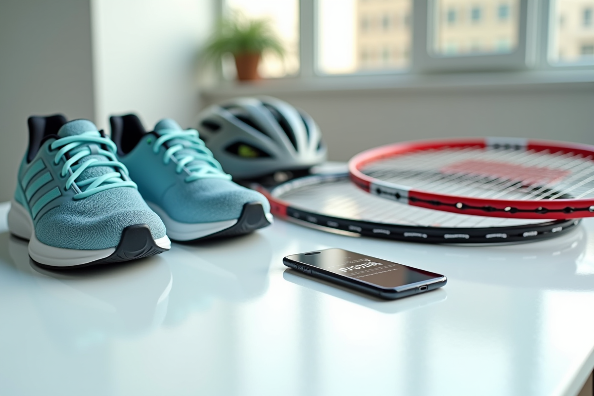 Chaussures de course casque de vélo et raquette tennis avec smartphone