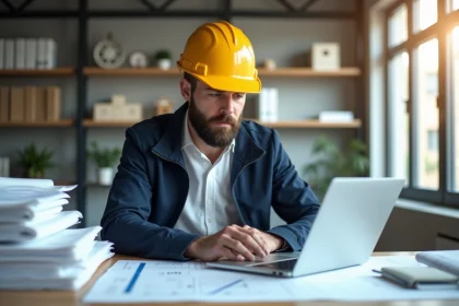Chef de chantier avec casque jaune dans un bureau moderne