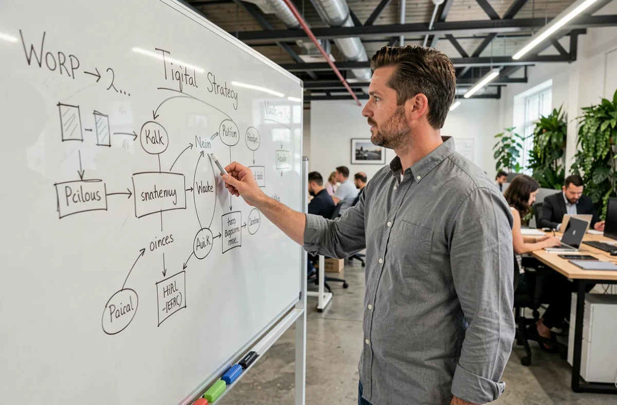 Chef de projet PME présentant une stratégie digitale sur un tableau blanc dans un espace de coworking moderne