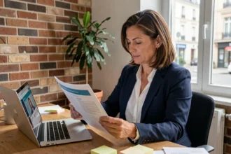 Cheffe d'entreprise TPE consultant un guide numérique pour accompagner la transformation digitale de sa petite entreprise