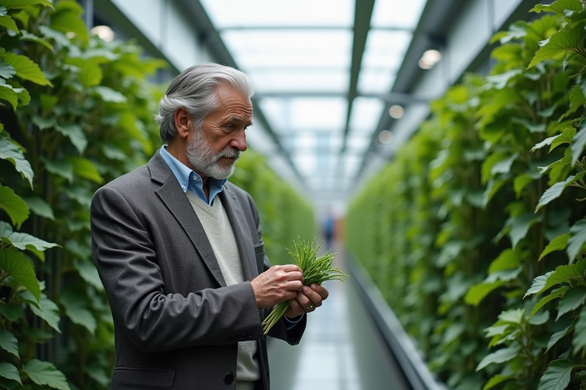 Chercheur âgé examine une plante dans un jardin botanique futuriste