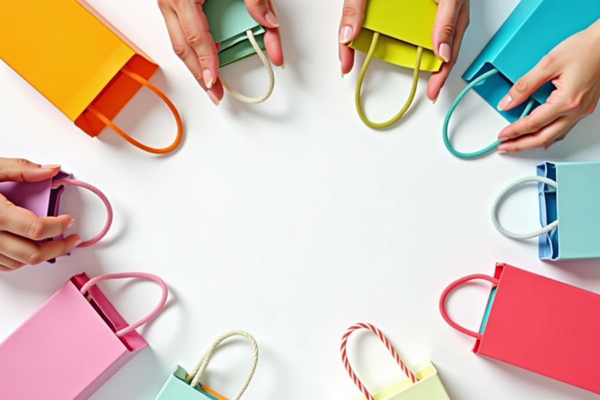Mains choisissant des sacs cadeaux colorés sur une table lumineuse