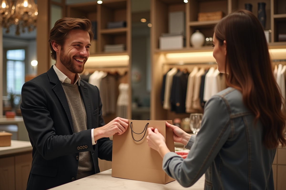 Client souriant recevant un bon service en magasin