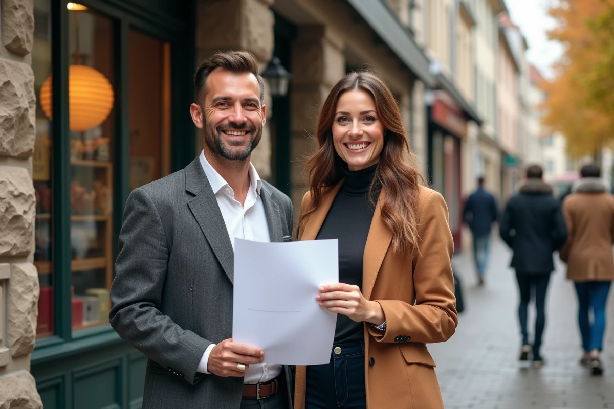 Deux co-fondateurs de PME devant leur nouveau commerce en ville de province française, tenant un plan d'affaires imprimé