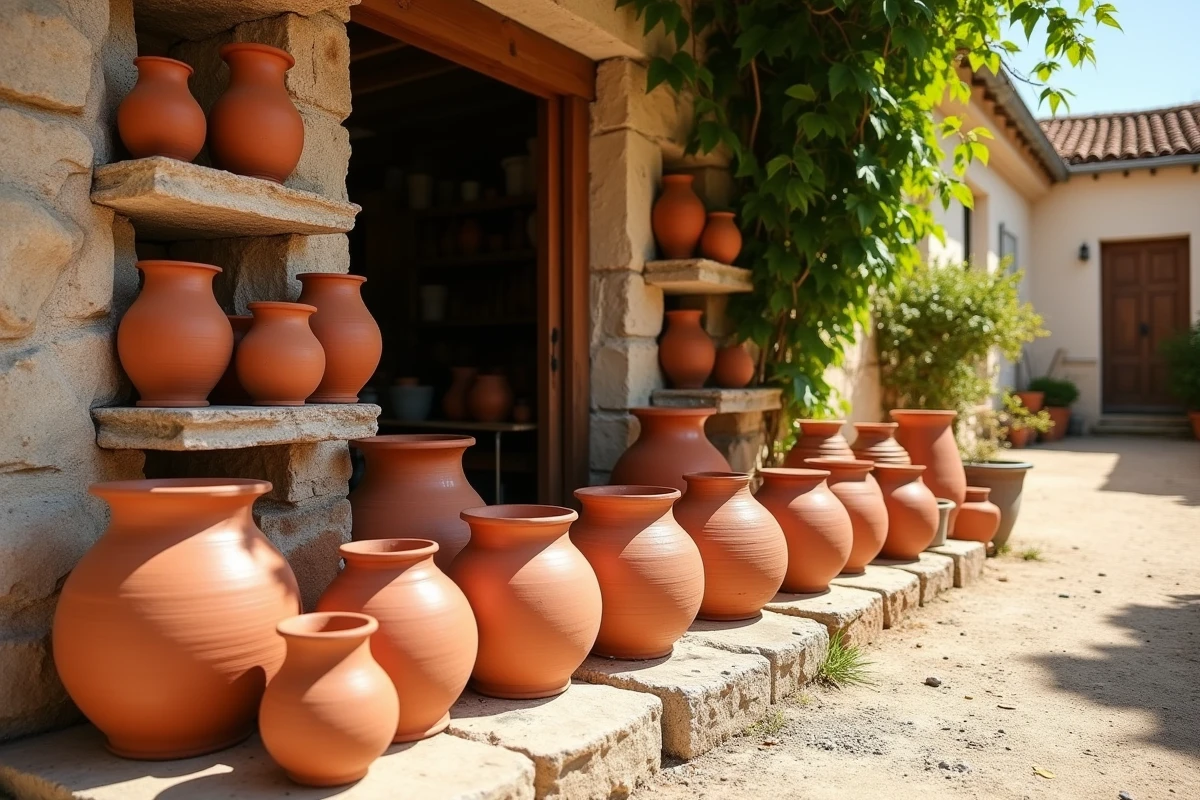 Collection de pots et jardinières en terre cuite artisanale exposés devant une boutique de terrerie en Provence