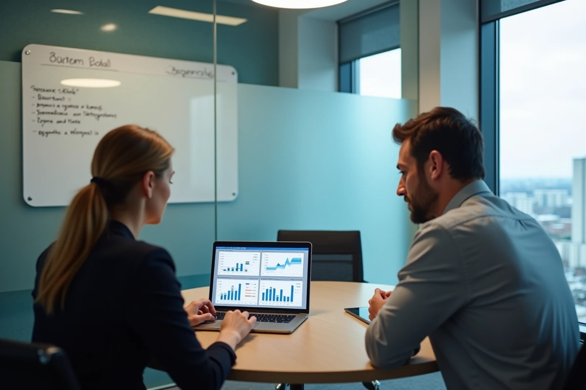 Deux collègues analysant ensemble les tableaux de bord de performance FDJ sur un ordinateur portable en salle de réunion
