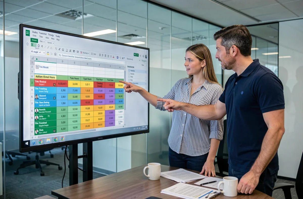 Deux collègues analysant un tableau Google Sheets de suivi automatique des heures de travail en salle de réunion