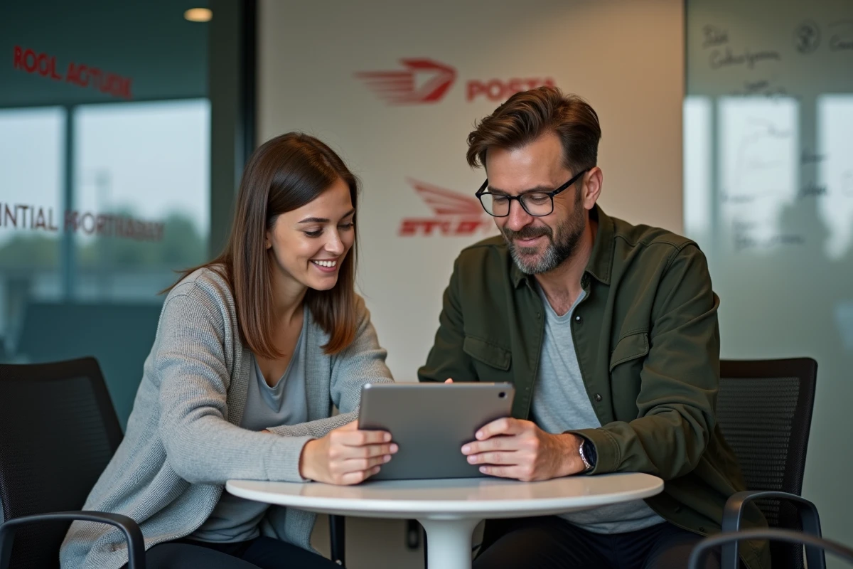 Deux nouveaux embauchés consultant ensemble le guide d'accès extranet GTm La Poste sur une tablette en salle de réunion