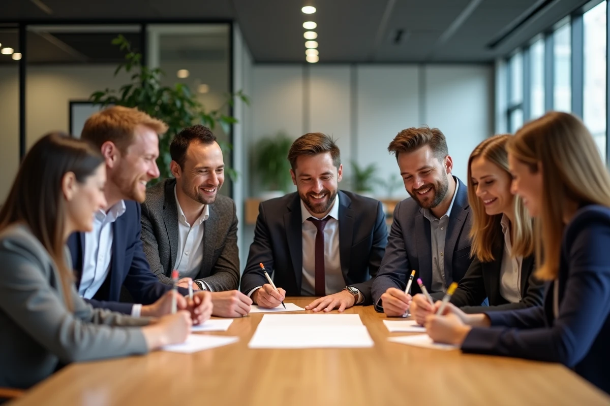 Collègues de bureau réunis autour d'une table pour signer une carte de départ, ambiance chaleureuse et détendue en open space moderne