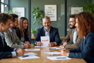Groupe de collègues souriants lors d'un adieu au bureau