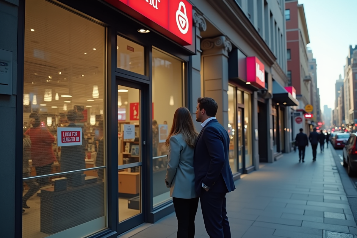 Deux professionnels devant un magasin franchisé fermé et signe de location