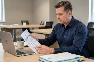 Comptable analysant un tableau de ventilation des cadeaux salariés sur son bureau en entreprise