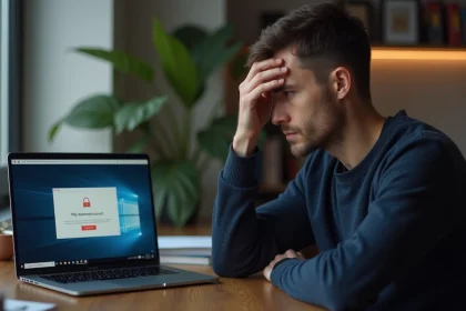 Homme frustré devant un écran d'ordinateur portable affichant une erreur de compte bloqué sur Advango