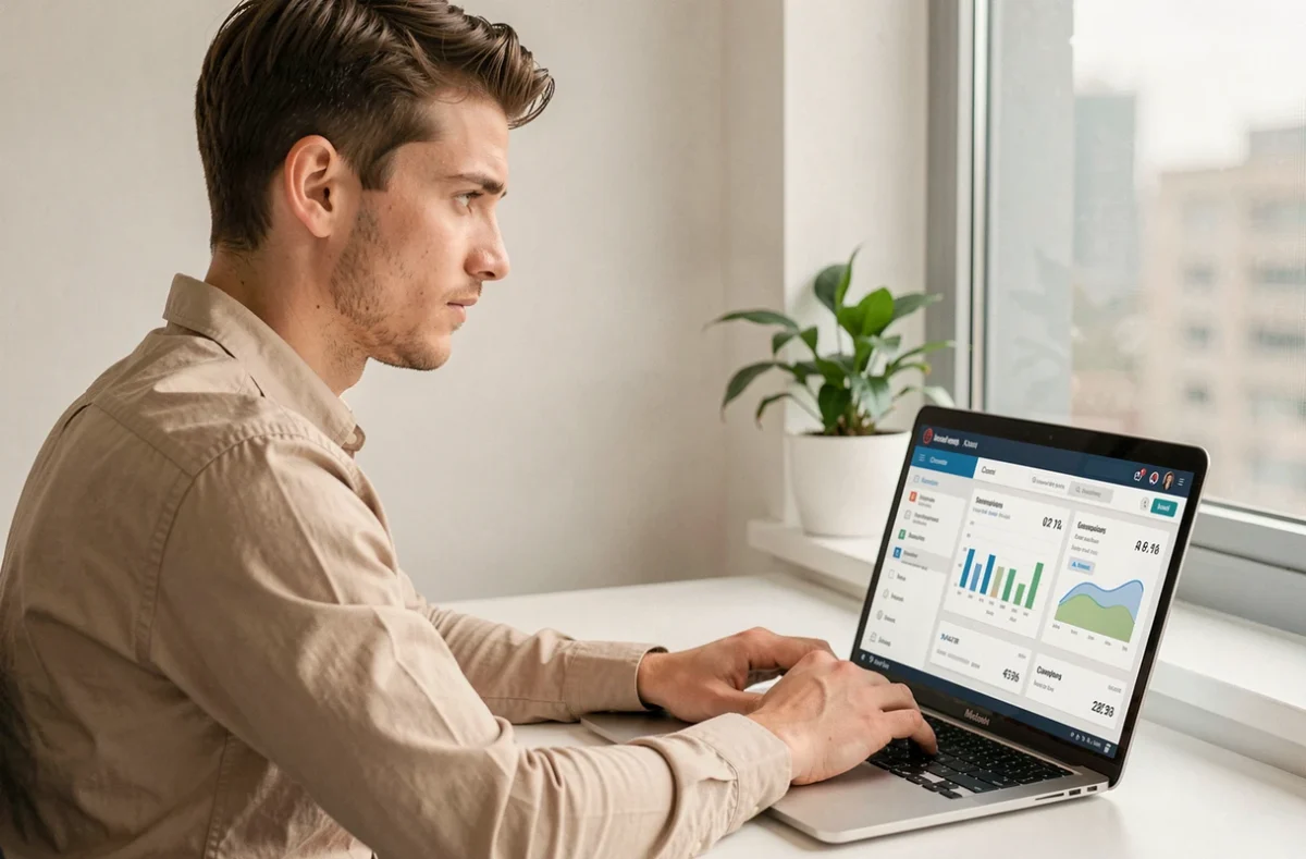 Consultant CRM analysant des segments clients et campagnes email sur logiciel dans un bureau moderne
