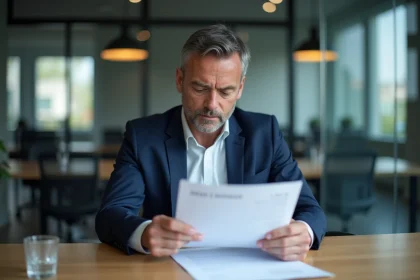 Professionnel consultant les documents légaux d'une entreprise avec numéro SIREN visible sur bureau corporatif
