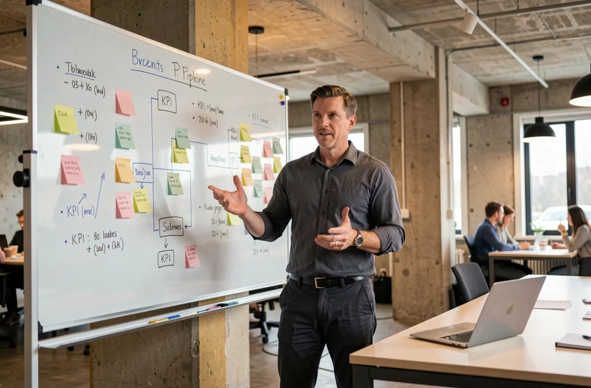 Consultant freelance présentant une stratégie d'acquisition de clients B2B dans un espace de coworking moderne