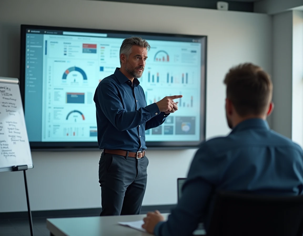 Consultant IT présentant une solution logicielle de gestion de projet sur écran mural, représentant l'évaluation d'un outil comme TEAMWORK MANAGEMENT face à un intégrateur local