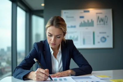 Consultante analysant des documents stratégiques dans une salle de réunion moderne pour un diagnostic externe d'entreprise