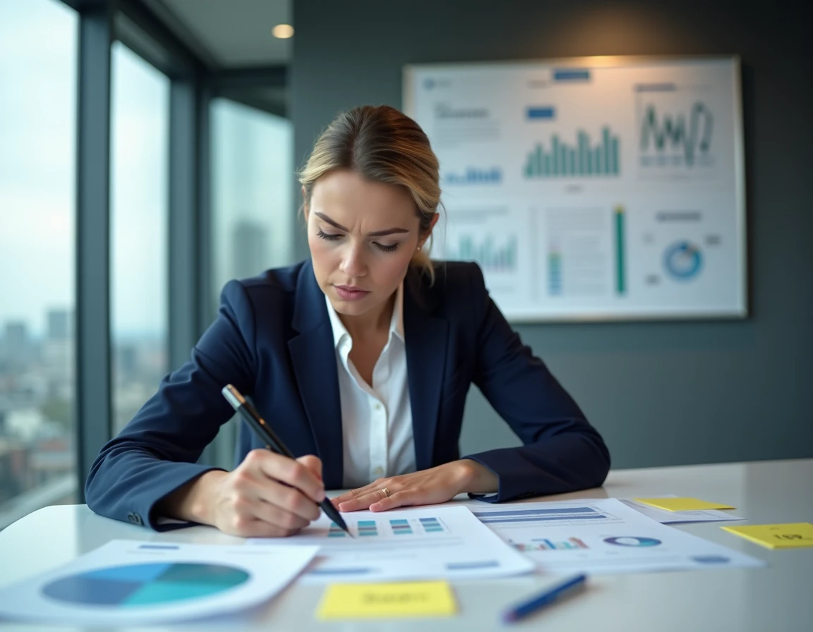 Consultante analysant des documents stratégiques dans une salle de réunion moderne pour un diagnostic externe d'entreprise