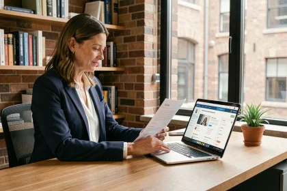 Consultante freelance travaillant sur une plateforme B2B pour attirer des clients professionnels depuis son bureau à domicile