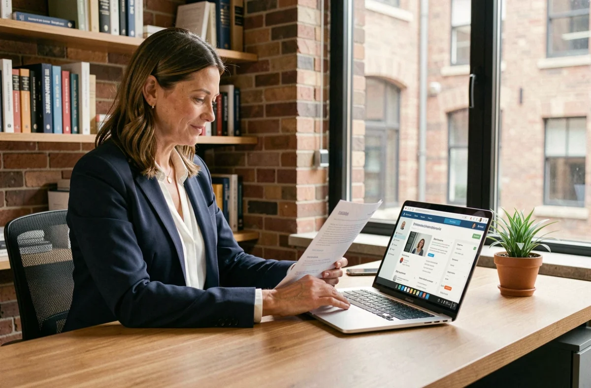 Consultante freelance travaillant sur une plateforme B2B pour attirer des clients professionnels depuis son bureau à domicile