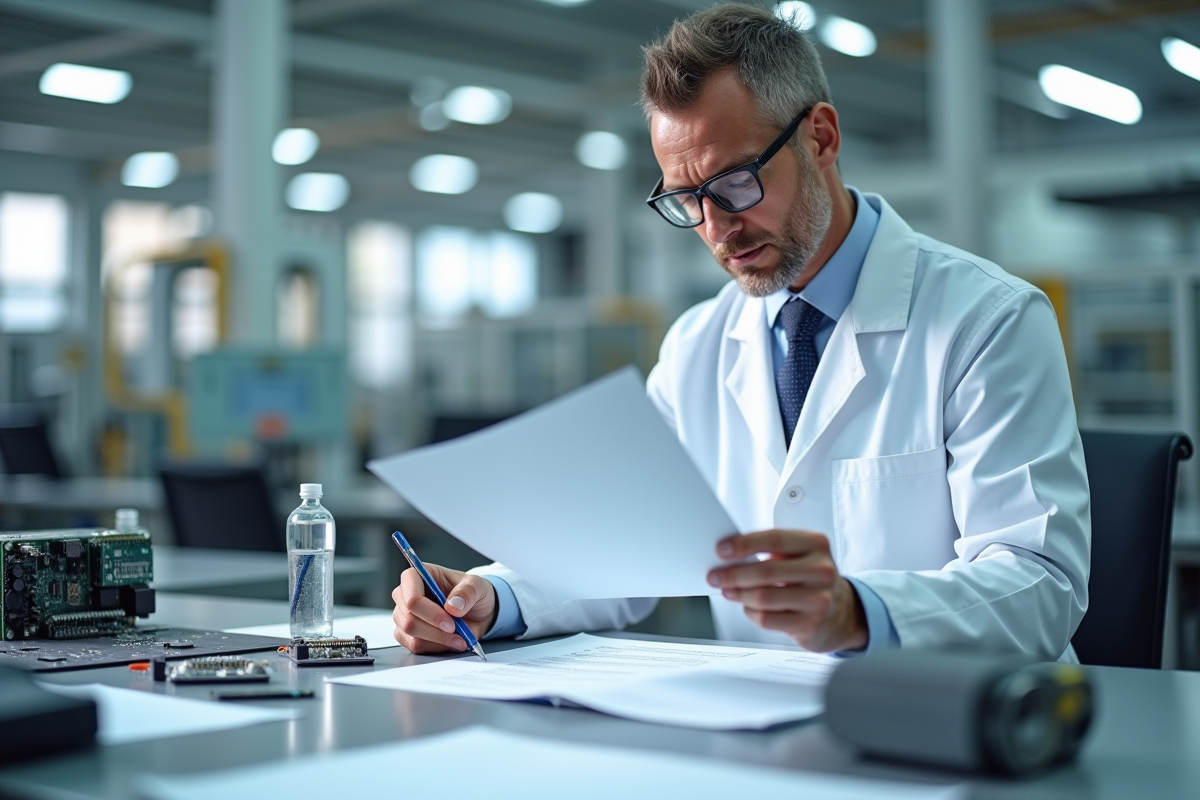Inspecteur de qualite en laboratoire examine documents et composants