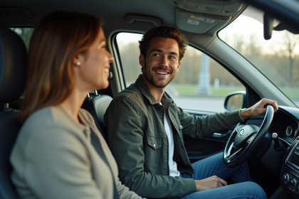 Jeune homme et femme discutent dans une voiture en ville