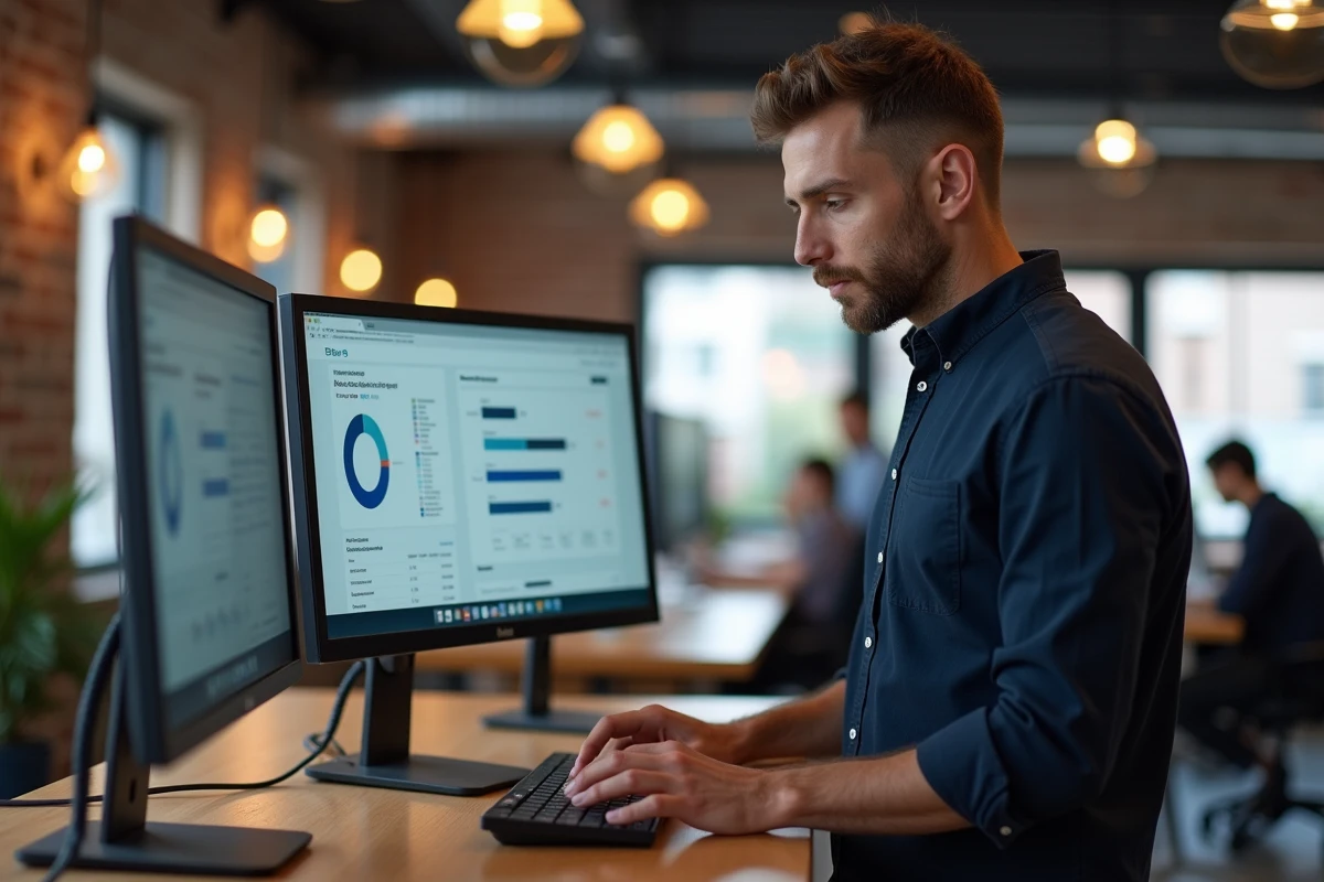 Créateur de contenu masculin évaluant les statistiques d'une plateforme numérique dans un espace de coworking moderne