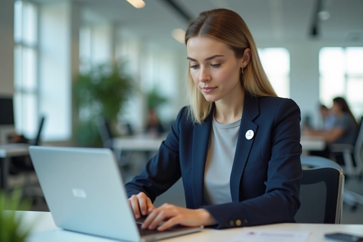 Nouvelle employée Loxam créant son compte CE sur un ordinateur portable dans un bureau moderne