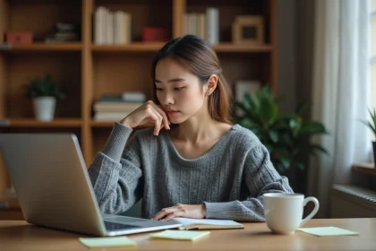 Jeune femme créatrice de contenu analysant la plateforme Wikio sur son ordinateur portable dans un bureau à domicile