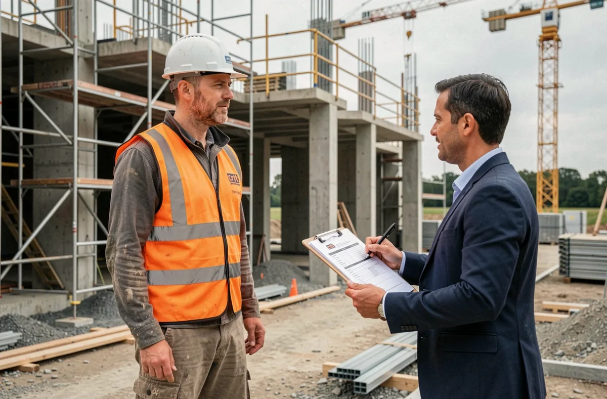 Travailleur intérimaire du BTP en discussion avec un consultant Crit sur un chantier de construction dans le Loiret