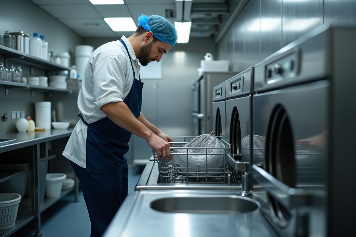 Cuisine professionnelle avec lave-vaisselle en action dans un environnement propre