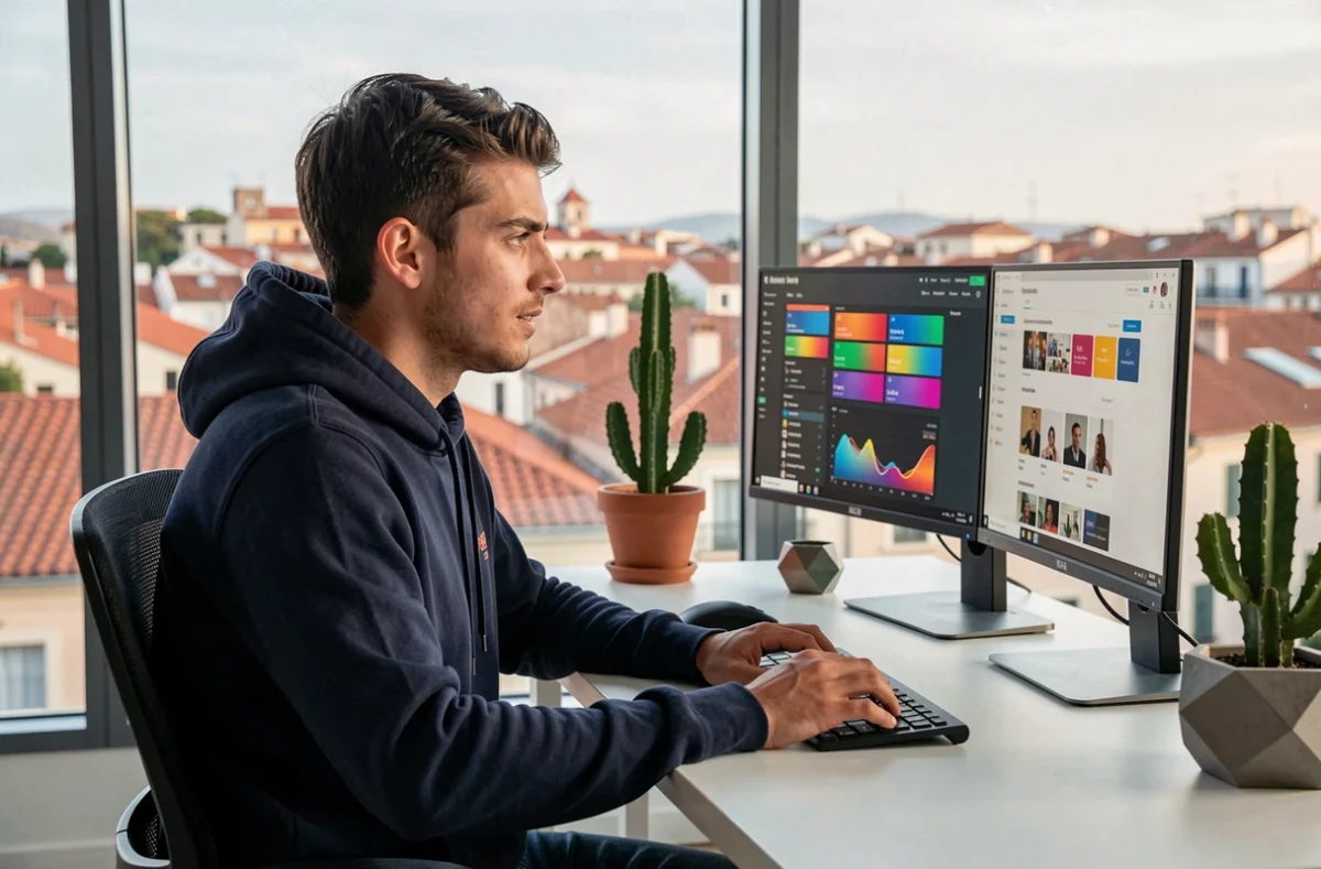 Développeur web de Digidream travaillant sur un tableau de bord digital avec vue sur les toits de Perpignan