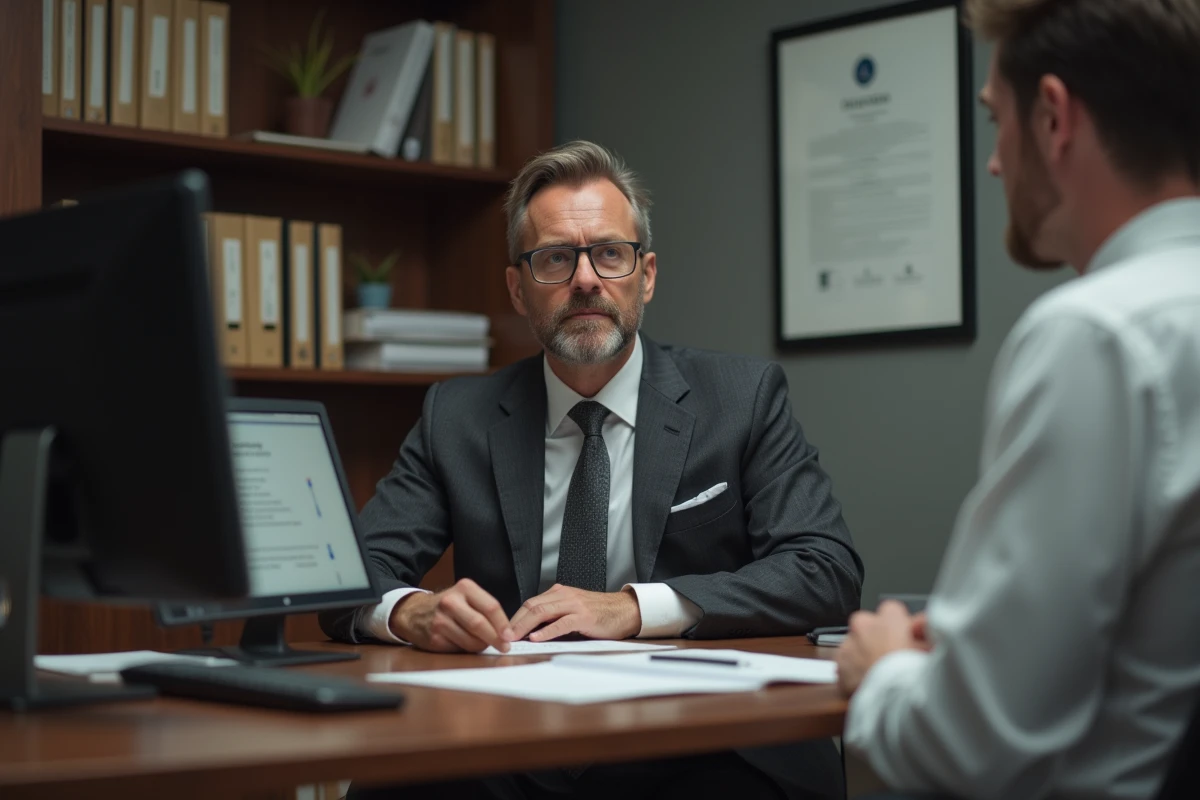 Directeur d'hôtel en costume discutant de rémunération avec un employé dans un bureau de gestion hôtelière